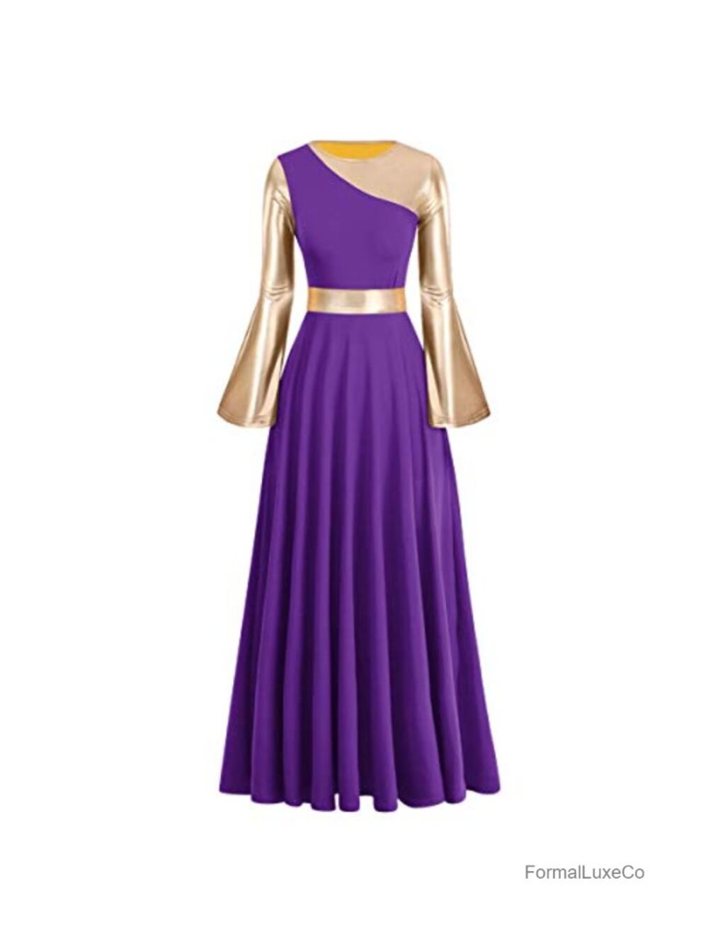 Women's Metallic Gold Pleated Praise Dance Dress Long Sleeve Floor Length